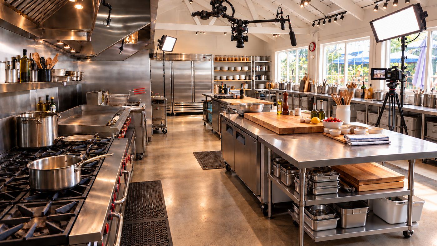 A commercial kitchen set up for filming, with steel prep islands, lights and a camera